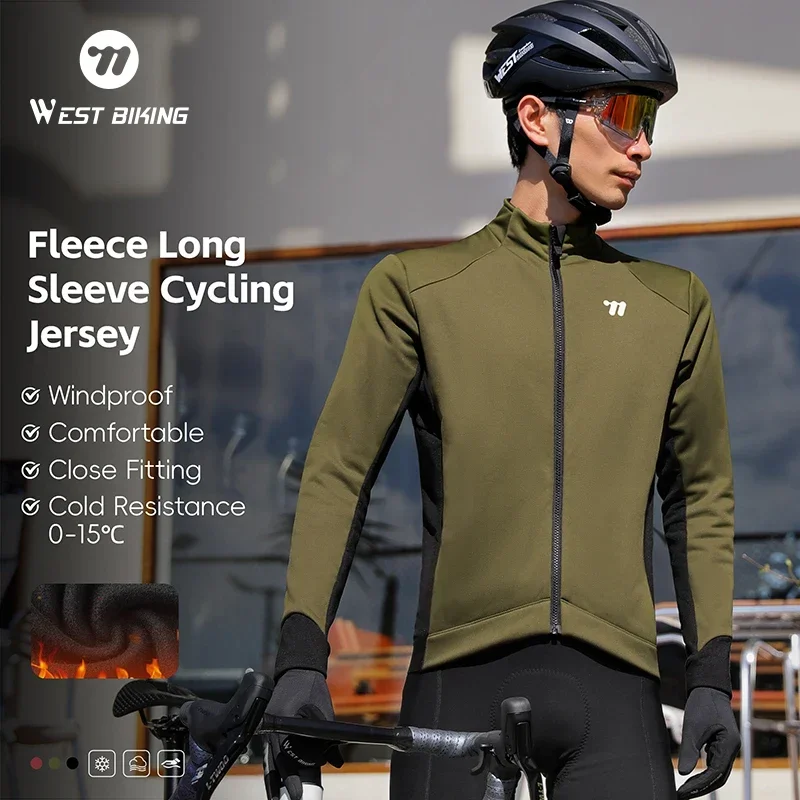 WEST BIKING Autumn Winter Windproof Cycling Jacket Safety Reflective Men's Fleece Sportswear Slim Fit Jersey Thermal Sport Gear