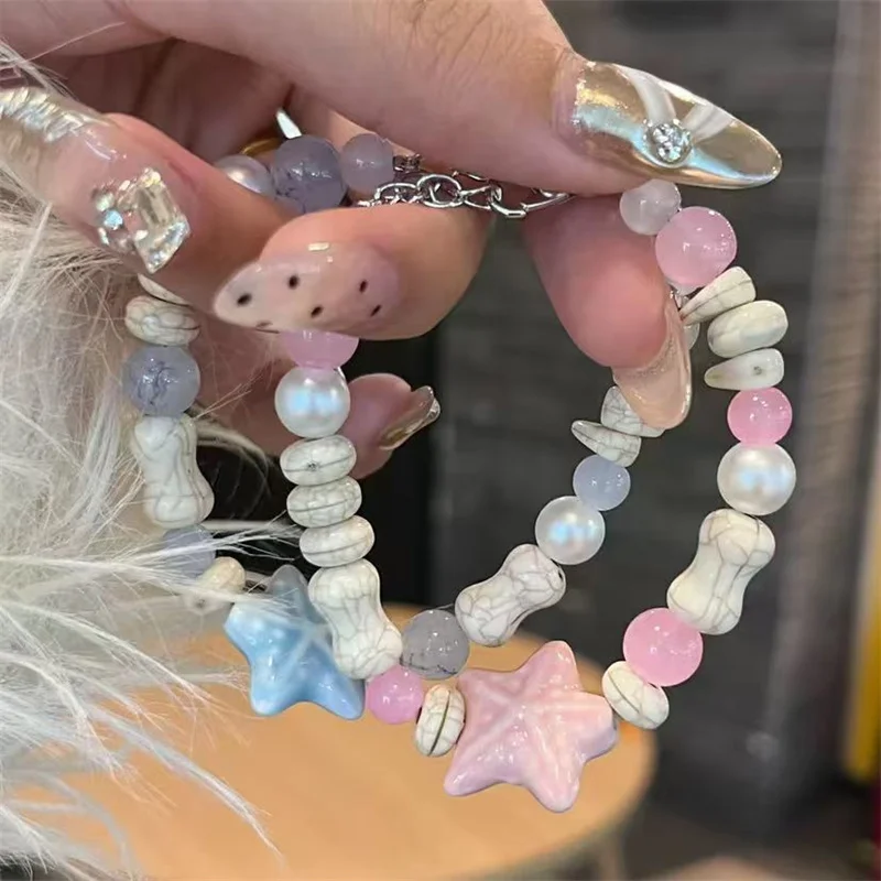 Koreanische süße Keramik-Seestern-Armbänder für Frauen und Mädchen, handgefertigt, rosa, blau, Perlenarmband, ästhetischer Y2K-Schmuck, Freundschaftsgeschenk