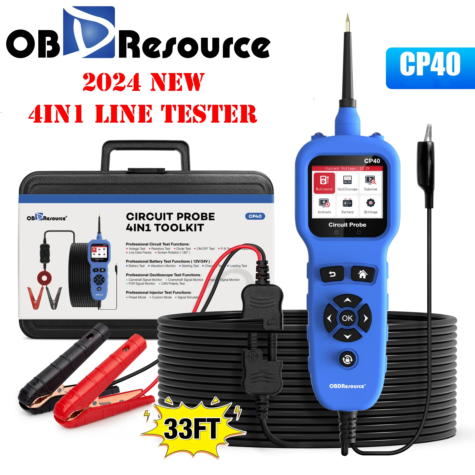 OBDResource CP40 All-in-One Automotive Circuit Probe Tester Kit 12V 24V Batttery Test 0-80V Digital Multimeter Oscilloscope Fuel Injector Tester, Battery Analyzer, Short Circuit Finder & Component Activation
