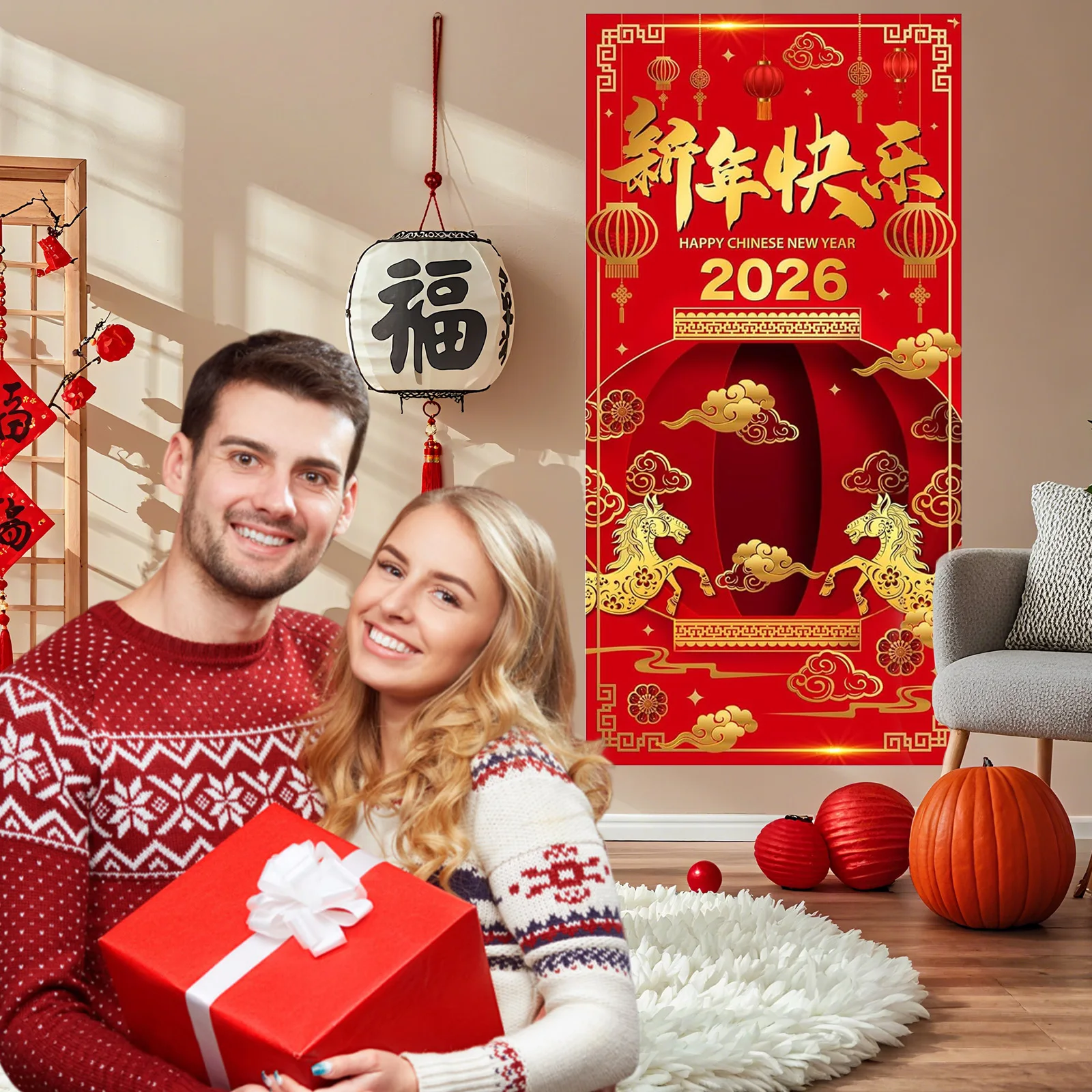 Year of The Horse 2026 Happy Chinese New Year Door Cover Decorations Banner Flag Welcome Hanging Backdrop Sign Party Background - Detail 1
