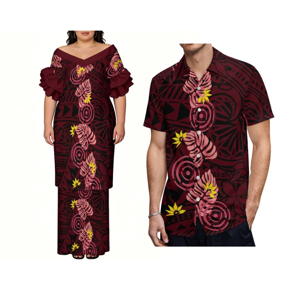 Imagen 4: Conjunto de Vestido de Manga Corta para Mujer y Camisa Aloha para Hombre, Estilo Isleño Polinesio Samoano, para Vacaciones de Verano