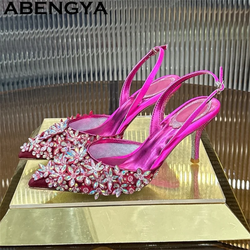 

Trendy New Colour Lace Crystal Lnlay Stiletto Sandals Woman Pointy Toe High Heel Sandals Summer Sexy Bride Dress Shoes Women