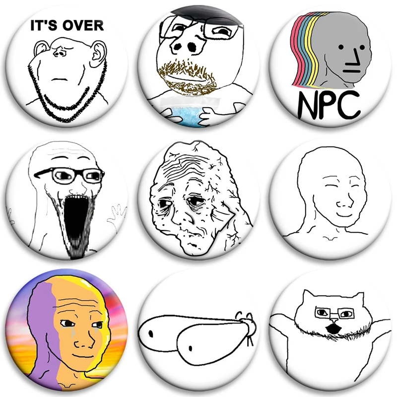 Insignia creativa de 32/50/58mm, Wojak Soyjak, tema divertido, alfileres de botón suaves, broche divertido y saludable para bolso, sombrero, regalos de decoración