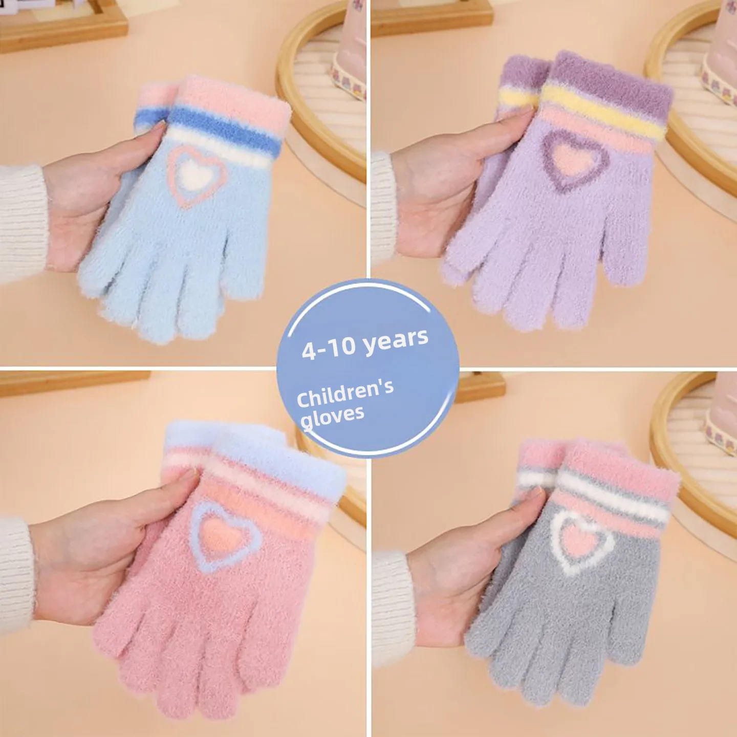 Warm Knitted Heart Shaped Gloves for Girls Elementary School Students Cute Plush Fingered Five Fingers Windproof Medium Thick...