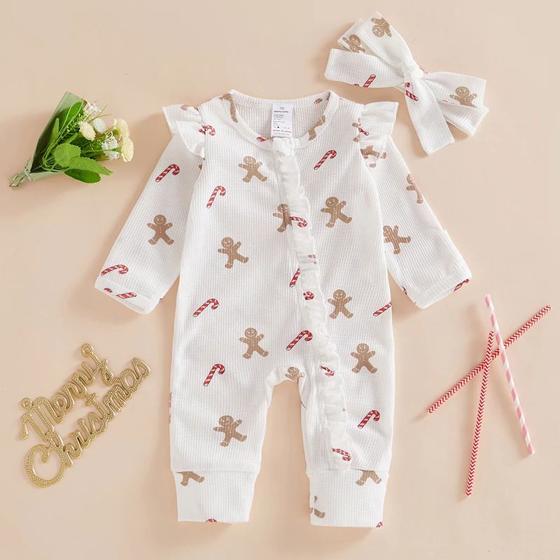 Baby Girls Christmas Jumpsuit Long Sleeve O Neck Gingerbread Print Ruffle Trim Romper with Headband