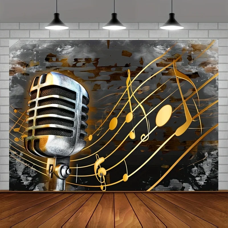 1-teiliger Musikhintergrund im Retro-Stil mit Mikrofon und goldenen Noten – Fotohintergrund aus Polyester, Musikzimmerdekoration