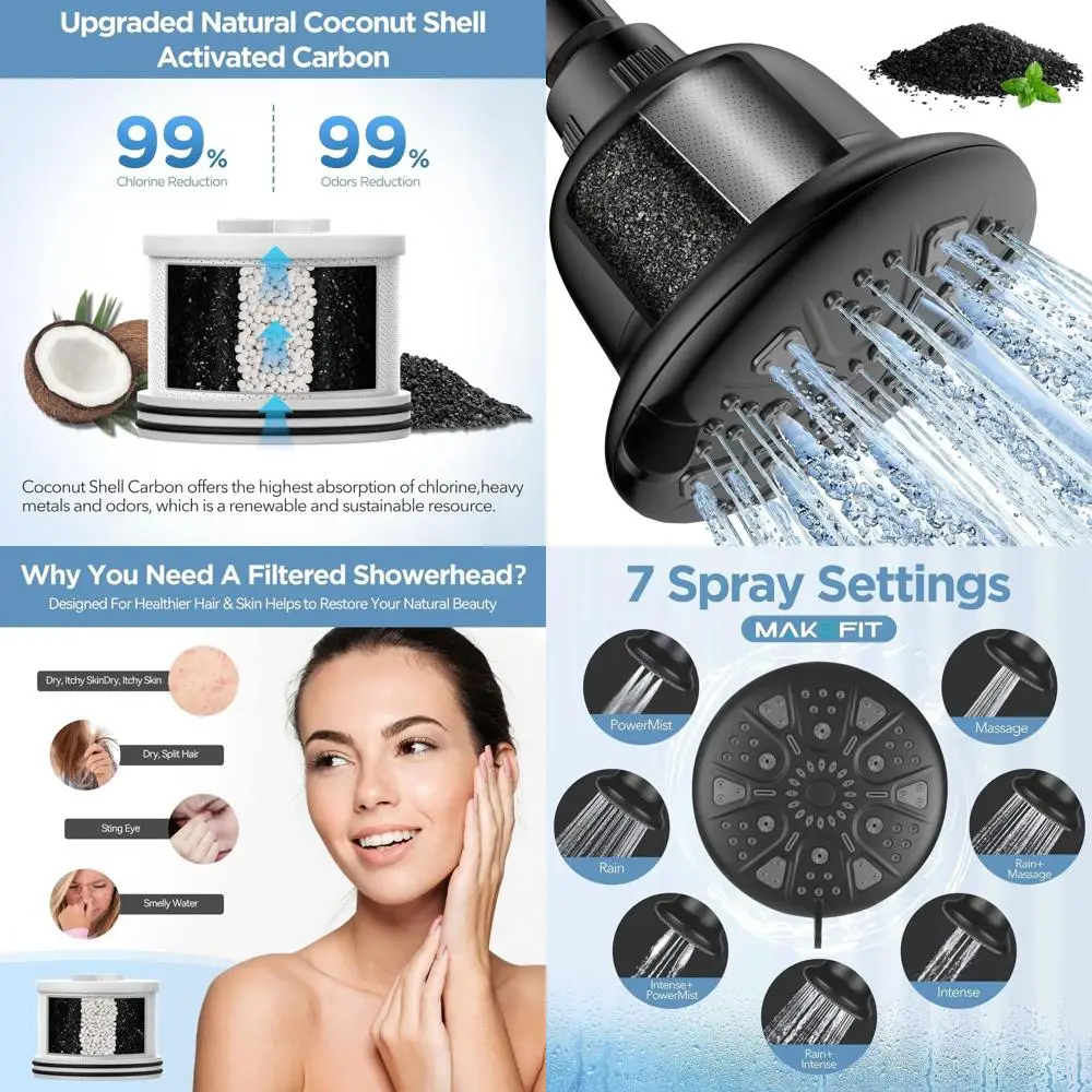 

High-Pressure Activated Carbon Showerhead with 7-Setting Rainfall Filter to Soften Hard Water and Remove Chlorine & Metals