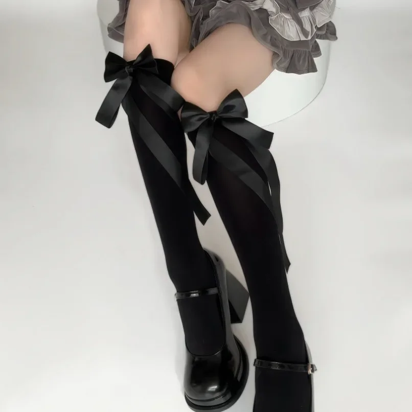 

Calf Sock Women Sweet Lolita Bowknot Knee High Ladies Japanese Harajuku Cotton Summer Middle Tube Sock Black White Female Gift