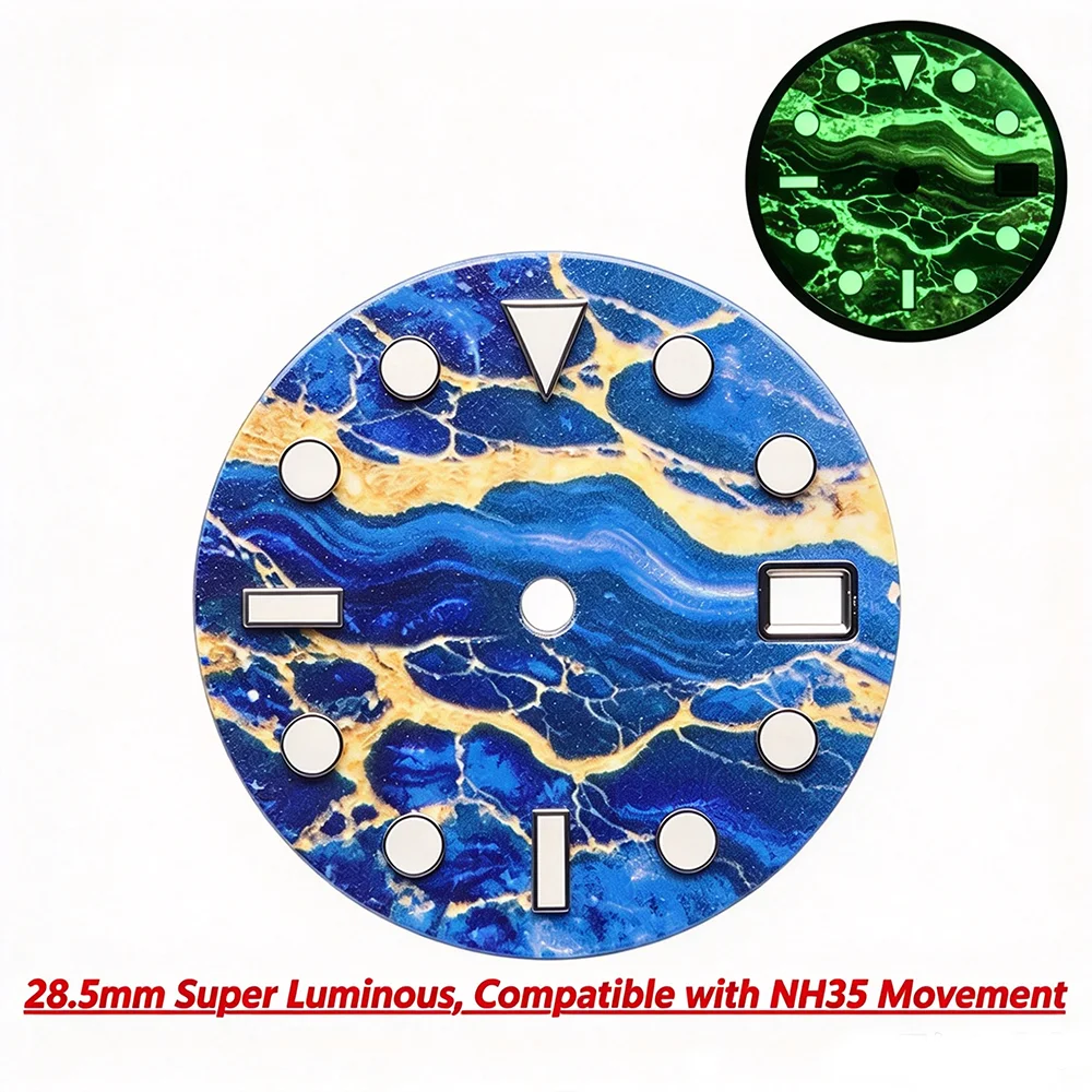 Marble Pattern Watch Dial, Luminous Effect Watch Face with Indexes, Watch Repair Parts Fit NH35 Movement for DIY Watch Making