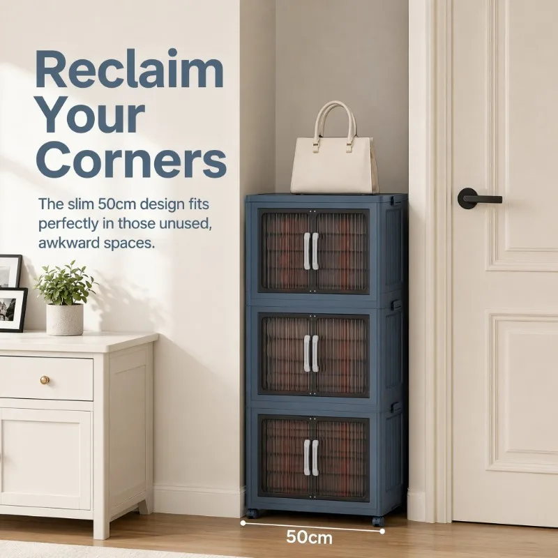 3‑Tier Foldable Plastic Storage Cabinet with Wheels, Stackable Dust‑Proof Storage Organizer with Flip‑Double‑Door, Portable Rolling Storage Bin for Bedroom, Closet, Living‑Room, Pantry view 5