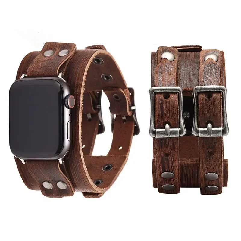 Genuine Leather Strap For Apple Watch Ultra 2 Band 44mm 40mm 45mm 41mm 49mm Double Metal Buckle bracelet iWatch series 3 7 8 9