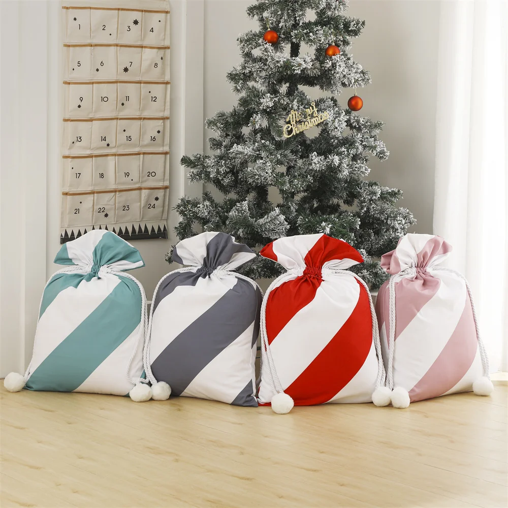 

Wide Stripe Christmas Santa Sack Canvas Drawstring Candy Gift Bag With Pom Pom Merry Christmas Party Decoration