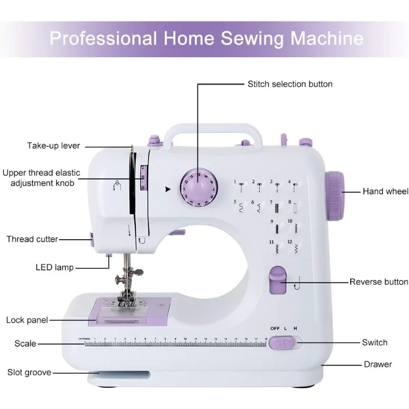 Sewing Machine Mini Electric Portable for Beginners Household Crafting Mending Overlock with 12 Stitches Presser Foot Pedal