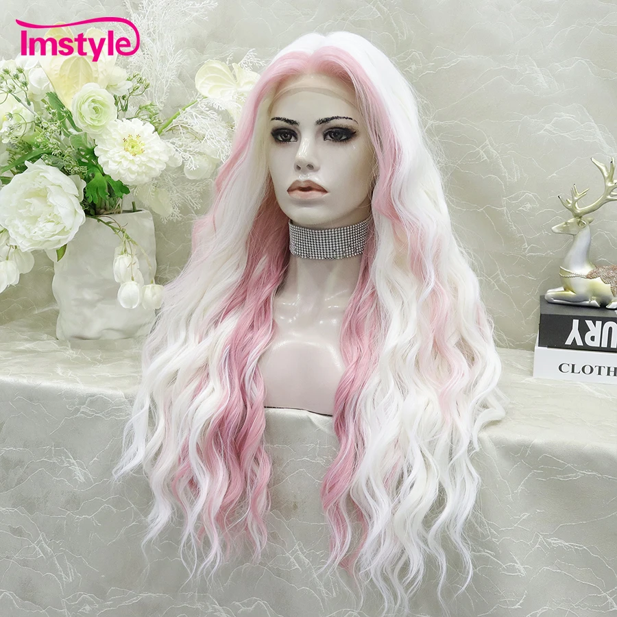 Imstyle White Wig Pink Highlight Synthetic Lace Front Wig Deep Wave Long Wigs For Women Heat Resistant Fiber Cosplay Wig