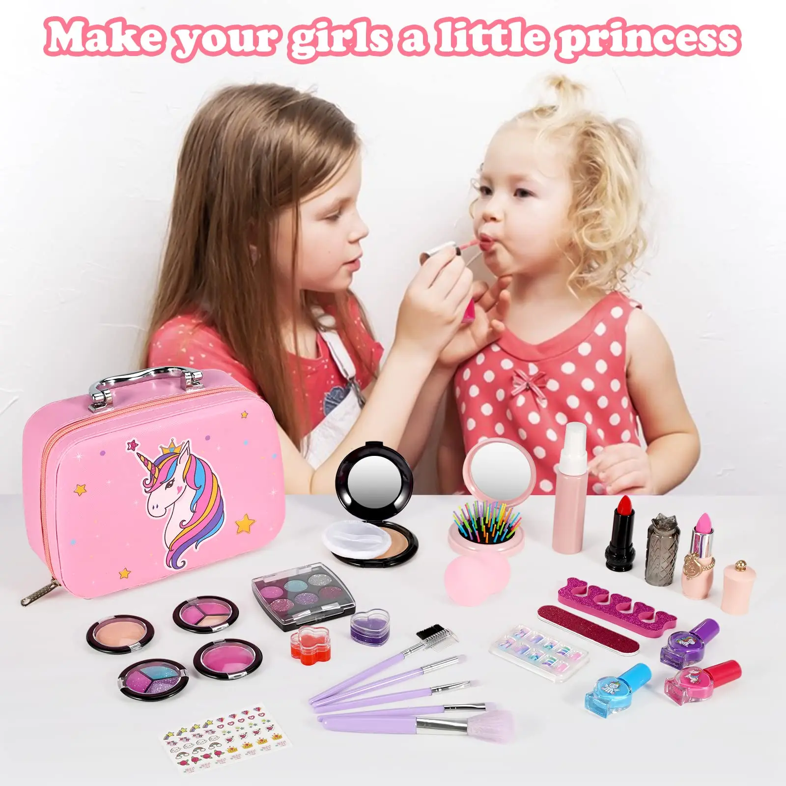 Set de maquillaje infantil para niñas, juego de cosméticos lavable de 27 piezas con estuche de maquillaje para niños, juguete de juego de rol y