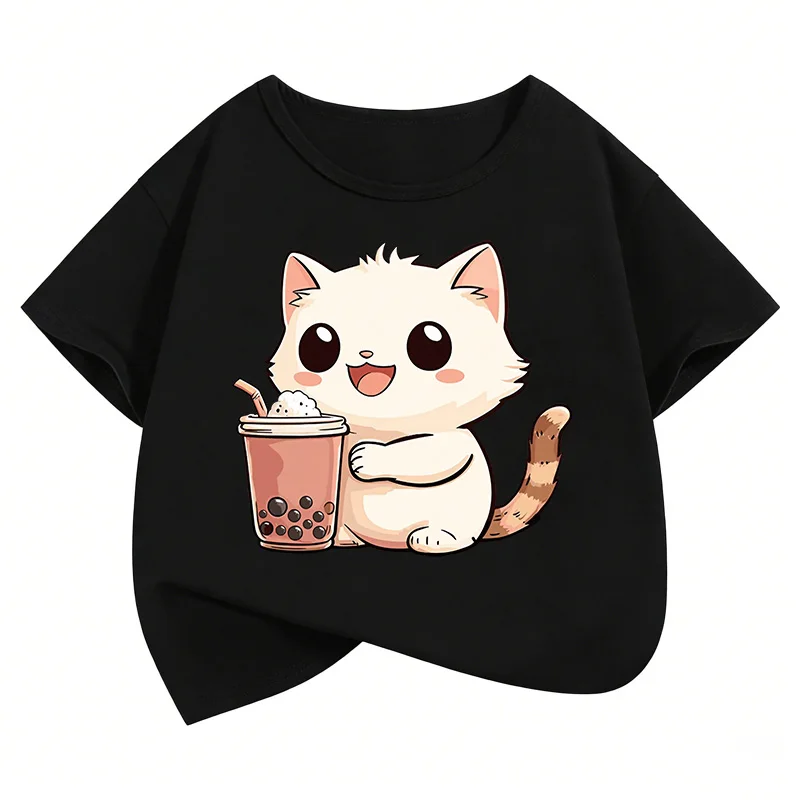 Cute Cat Drinking Design Kids Tshirts Summer Short Sleeve Tees Cartoon Boys Girls Clothes Kawaii Kitten Tops Children T-shirt