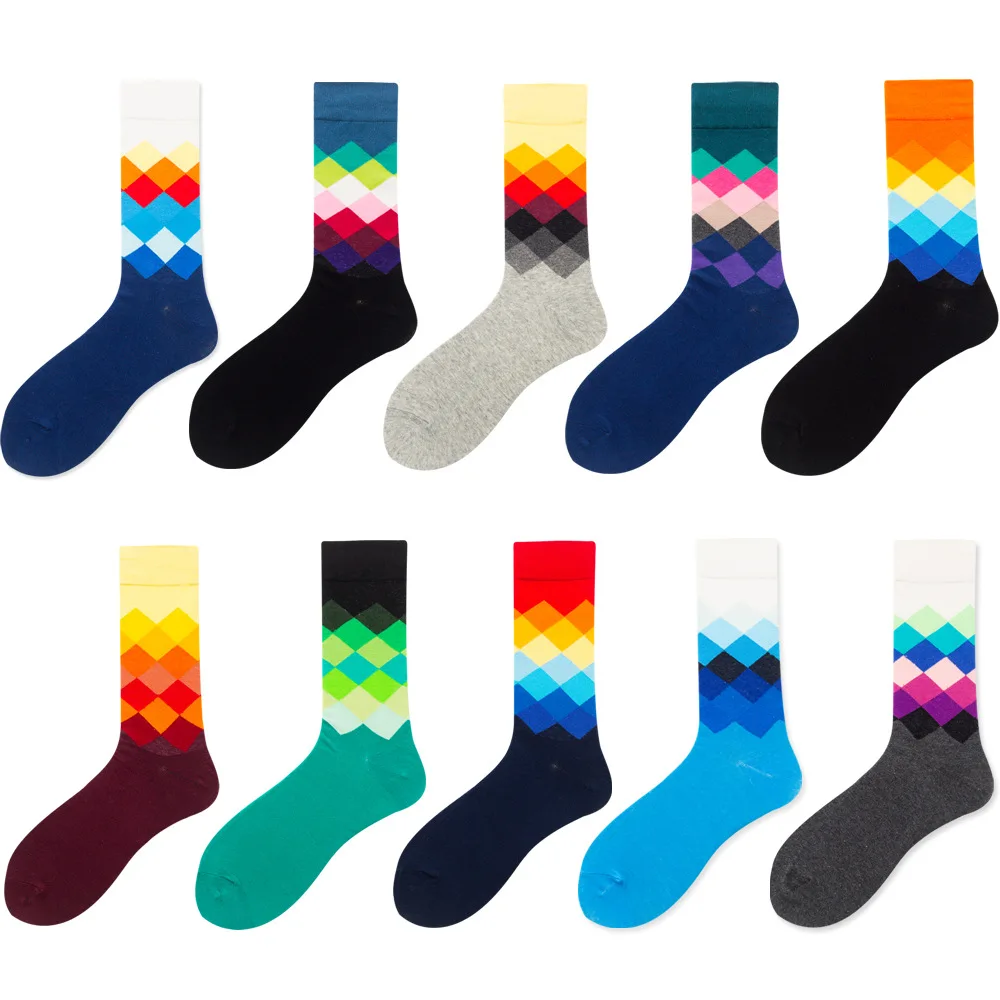 3Pairs Unisex Gradient Diamond Argyle Cotton Crew Socks Harajuku Hip Hop Couple Socks Colorful Geometric Novelty Socks