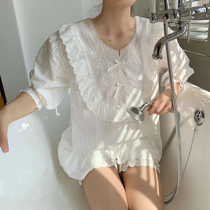 

Women's White Lace Embroidery Pajama Set Ruffled Half Sleeve Bow Detail Cotton Sleepwear Summer Elegant Lounge Nightwear Set