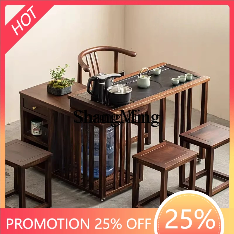 SM new rotatable tea table cabinet solid wood movable tea table balcony household table and chair combination