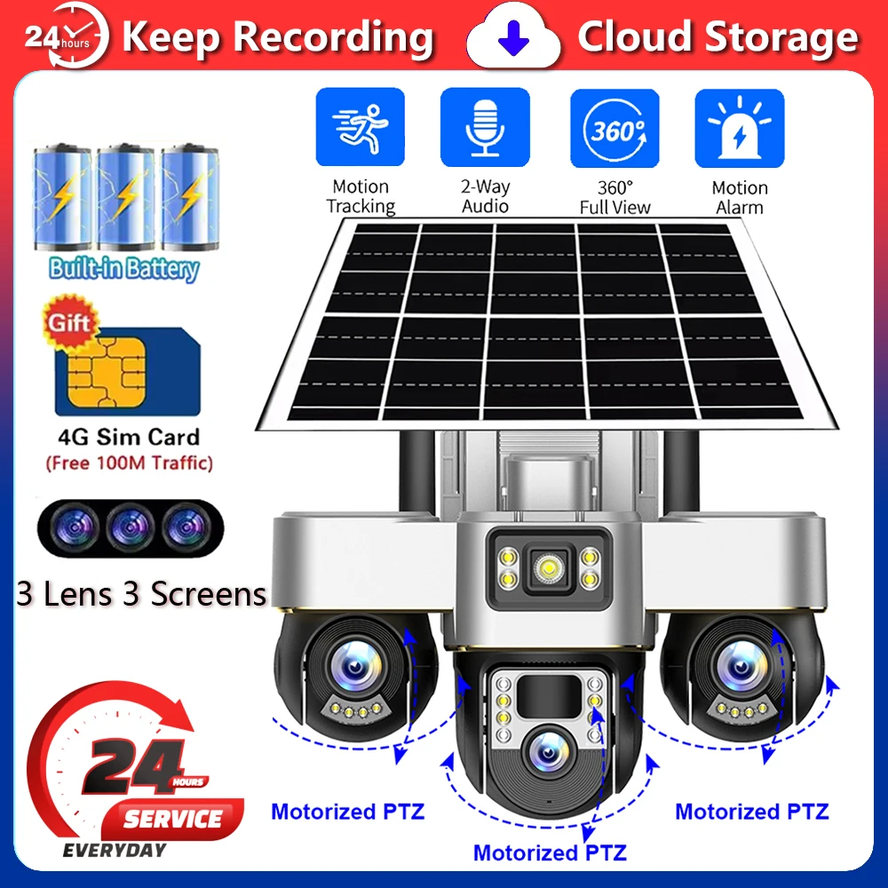 

Солнечная камера 4G с подарочной SIM-картой, 100 м, PTZ-камеры видеонаблюдения IP, 3 объектива, автоматическое отслеживание, PIR, обнаружение человека, защита безопасности