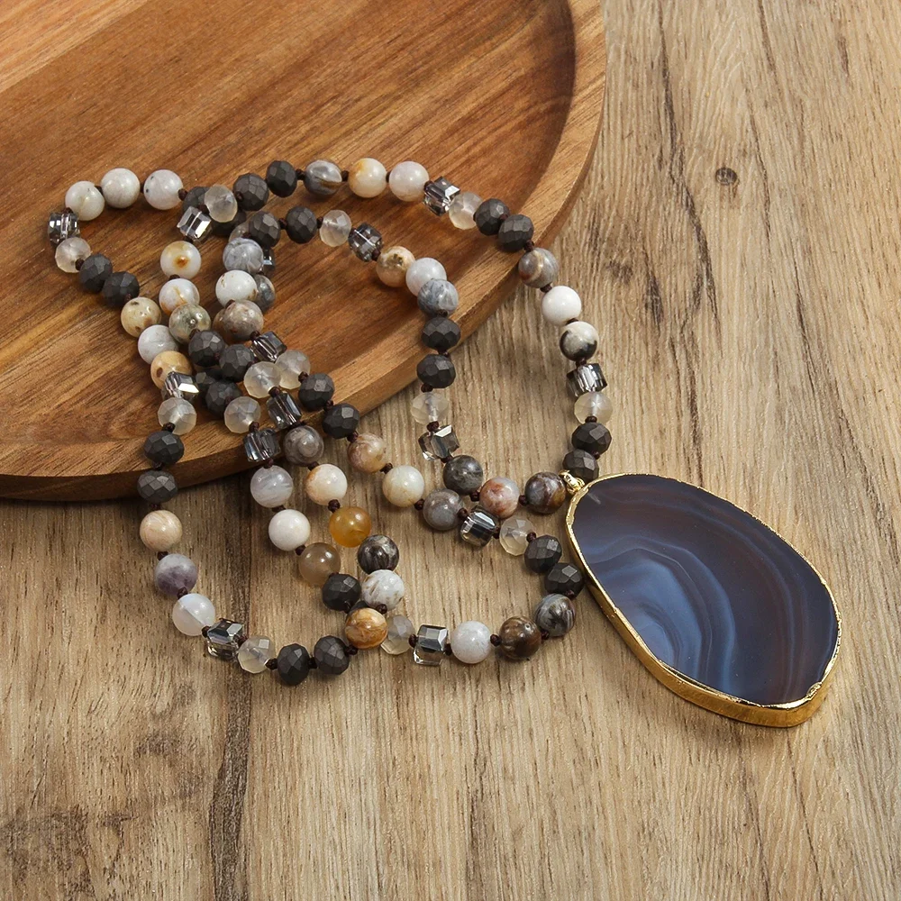 8mm natural stone glass knotted necklace with irregular stripe agate pendant necklace sweater chain bohemian style women jewelry