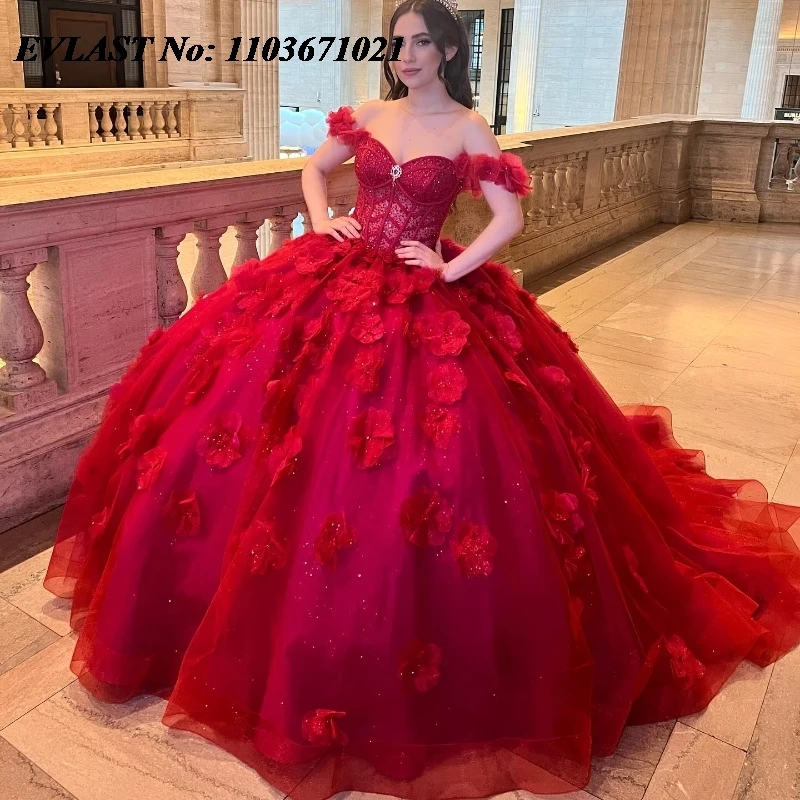 EVLAST красное бальное платье, платье Quinceanera с открытыми плечами, 3D Цветочная аппликация, мексиканское милое платье 16, платья XV, SQ309