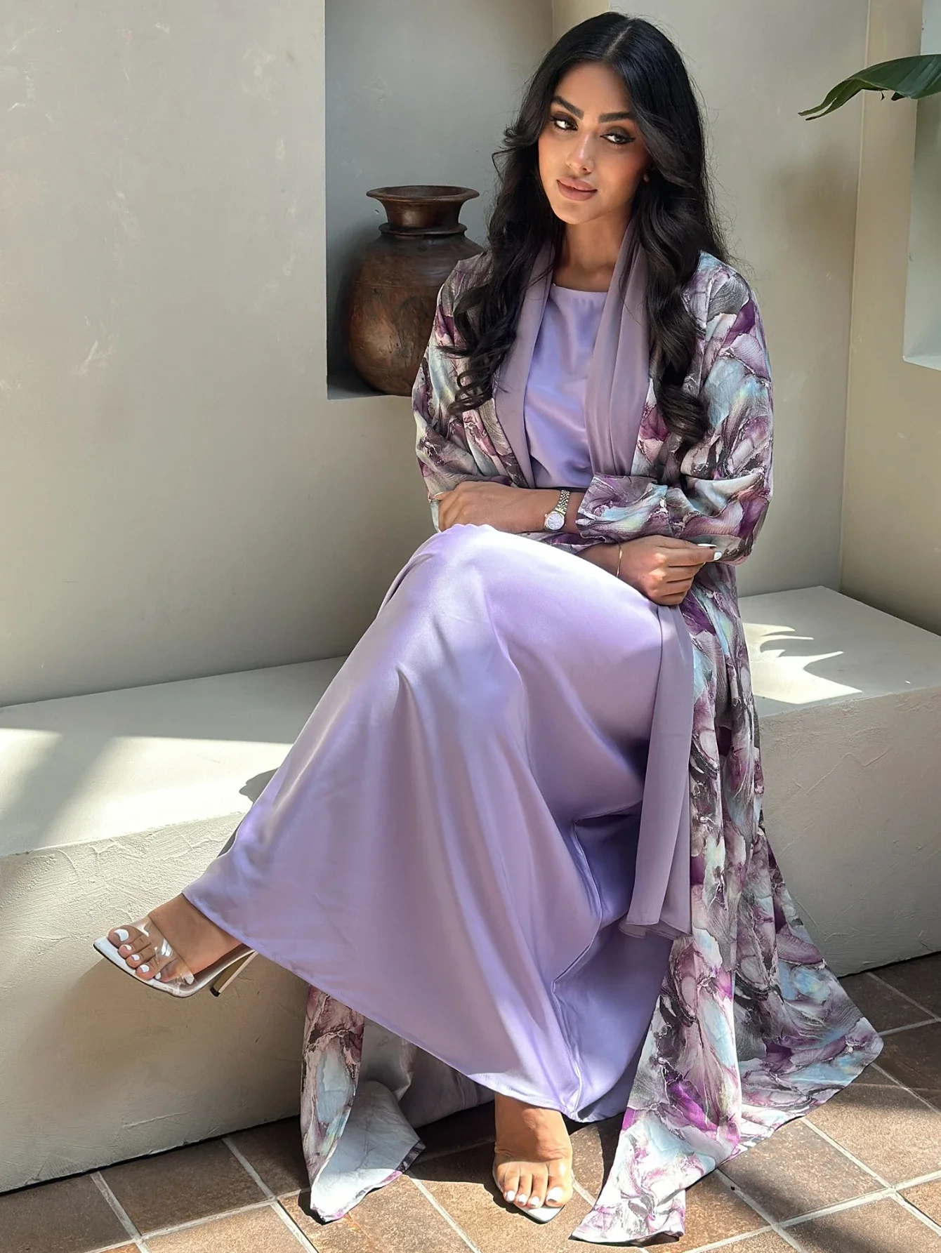 Middle Eastern Open Front Abaya+Hajib 2pcs Muslim Women Printed Floral Abayas Full Sleeve Kaftans Islamic Maxi Dresses Jilbabs