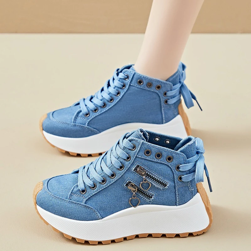 

New Fashionable Canvas High Top Women's Shoes for Autumn 2025 Versatile Breathable Thick Soled Height Increasing Casual Shoes