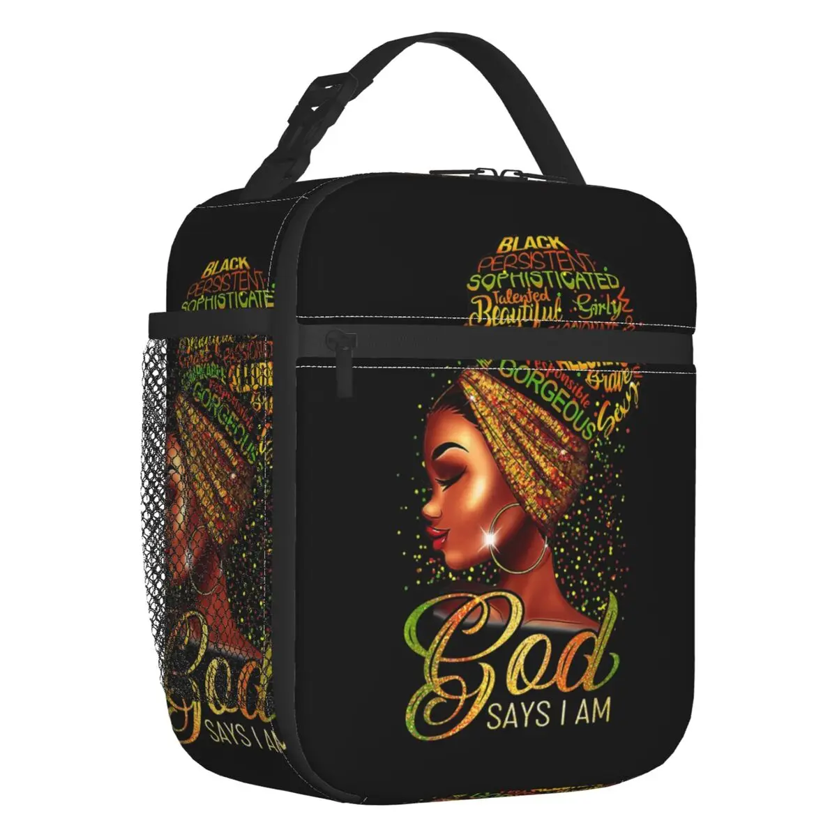 

African American Girl Portable Lunch Boxes Women God Says I Am Black Pride Thermal Cooler Food Insulated Lunch Bag Kids Children