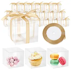 50pcs Transparent Party Favor Boxes (with Gift Ribbon), 2Γ2Γ2 Inch, Macaron Cupcake Candy Soap Gift Individual Packaging Boxes