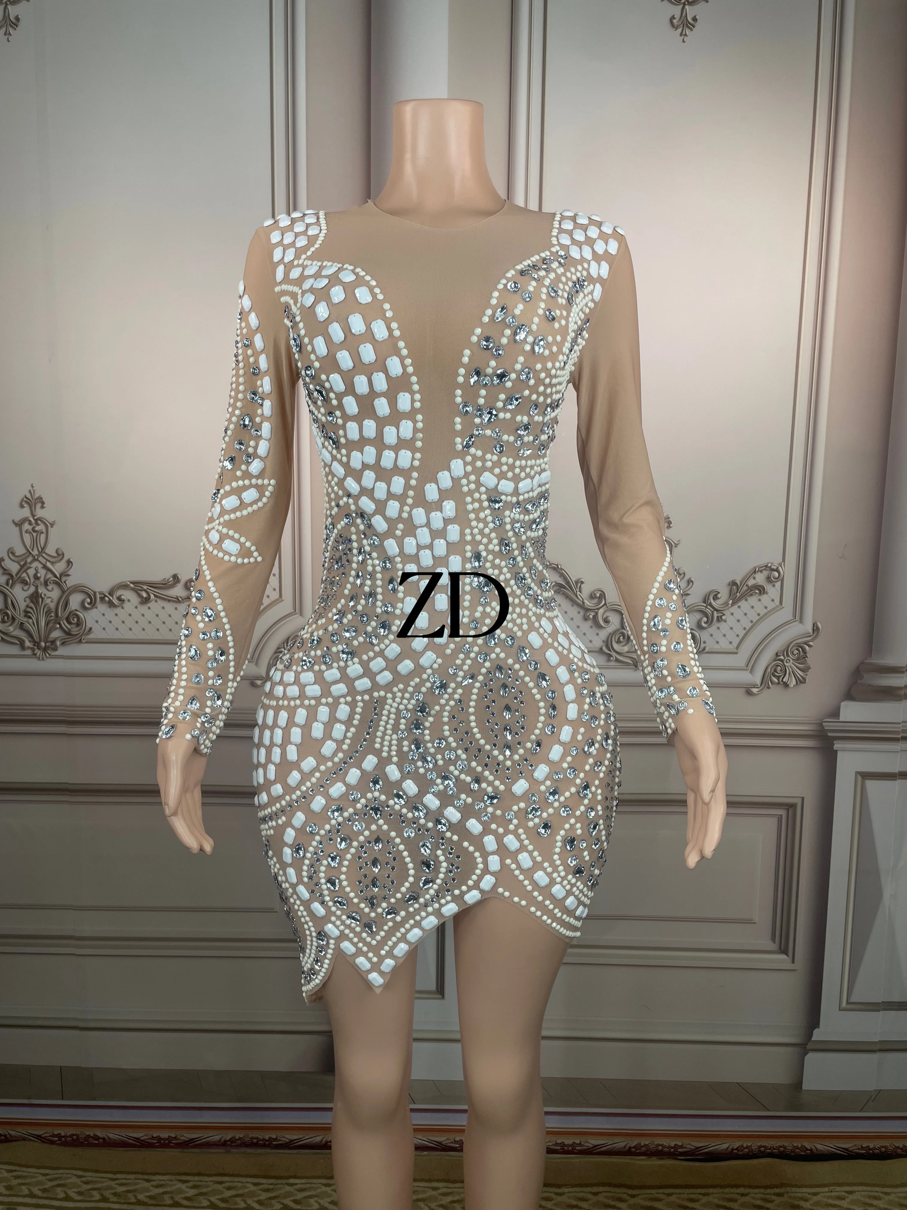 Flashing Silver White Crystals Dress Sexy Transparent Evening Birthday Celebrate outfit Mesh  Dance Dress plus size