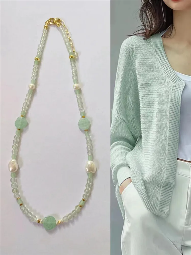 Original Design Natural Pearl Prehnite Beaded Necklace Romantic Ladies Czech Beads Clavicle Chain Handmade Jewelry Set