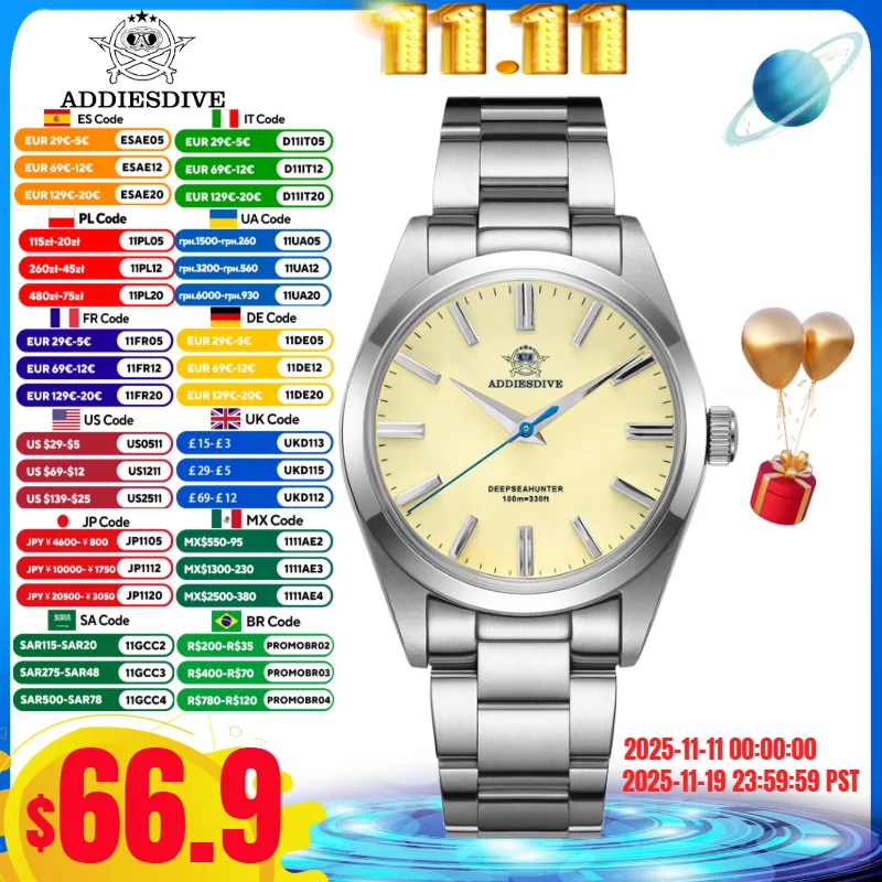 

ADDIESDIVE 36 мм мужские часы Reloj Hombre 10 бар для дайвинга синтетический сапфир VH31 механизм кварцевые часы из нержавеющей стали 316L