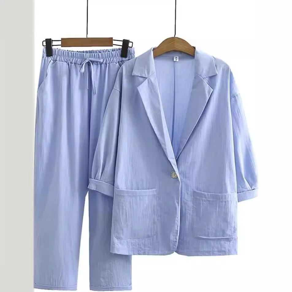 New Women\'s Suit Suit New Large Size Elegant Cotton And Linen Jacket Suit 2024 Loose And Comfortable Top Trousers Pocket Suit