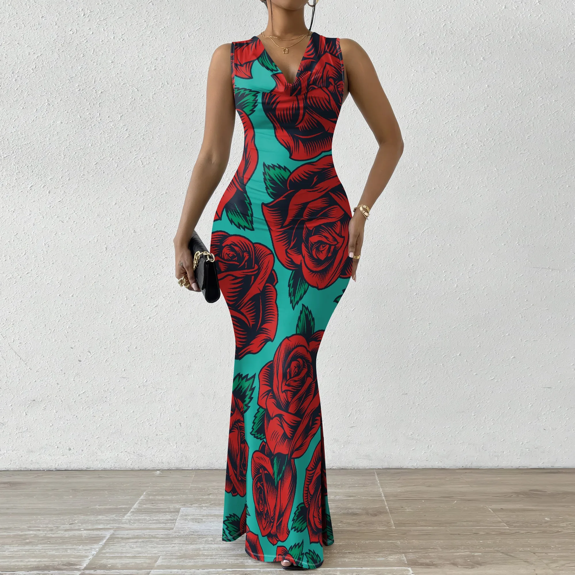 

Summer Wedding Guest Dresses for Women Mermaid Sexy Elegant Maxi Dress V Neck Sleeveless Evening Prom Dress