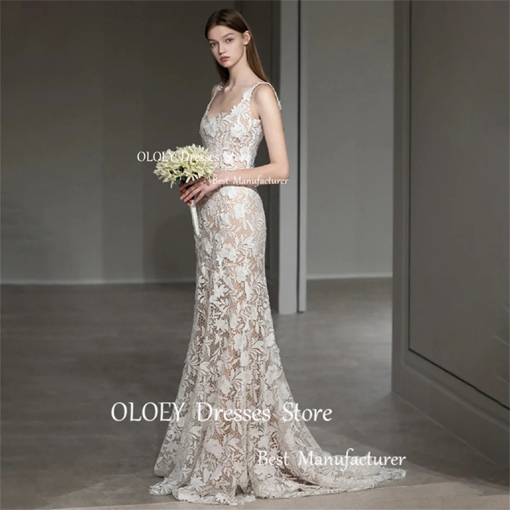 OLOEY Elegant Lace Mermaid Wedding Dresses Square Collar Sleeveless Floor length Vestido de noiva Sweep Train Bridal Gown Custom