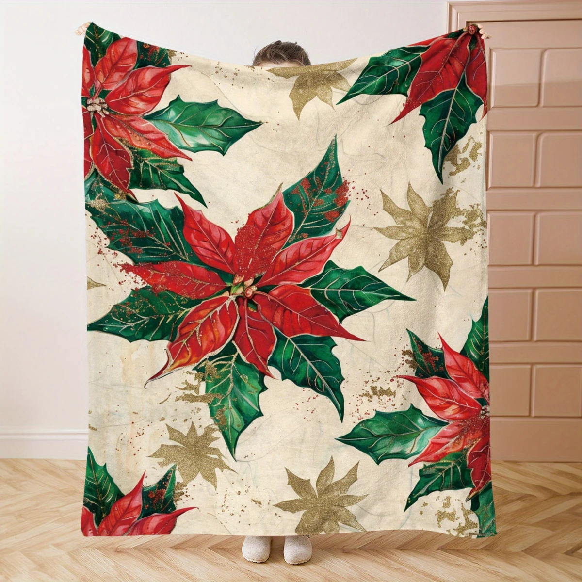 

Festive Christmas Poinsettia Print Flannel Blanket - Bed, Sofa, Office, Travel, Gift, Decoration, Chair, Cozy and Warm,Christmas