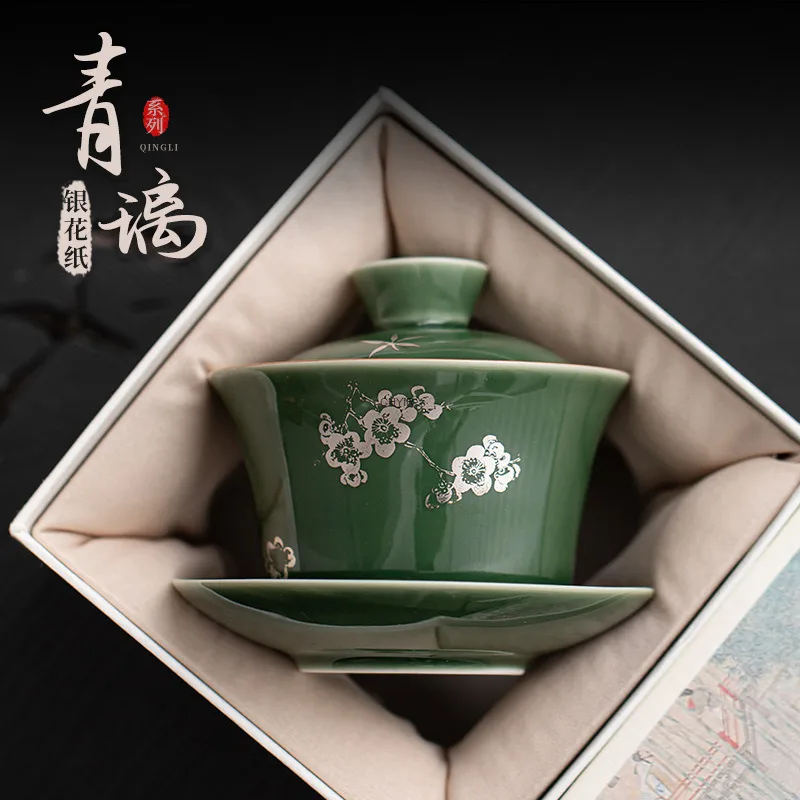 

Green Glaze Fragrant Wide Grid Three Talents Covered Bowl Ceramic Covered Bowl Large Tea Cup Tea Bowl Three Friends of Winter