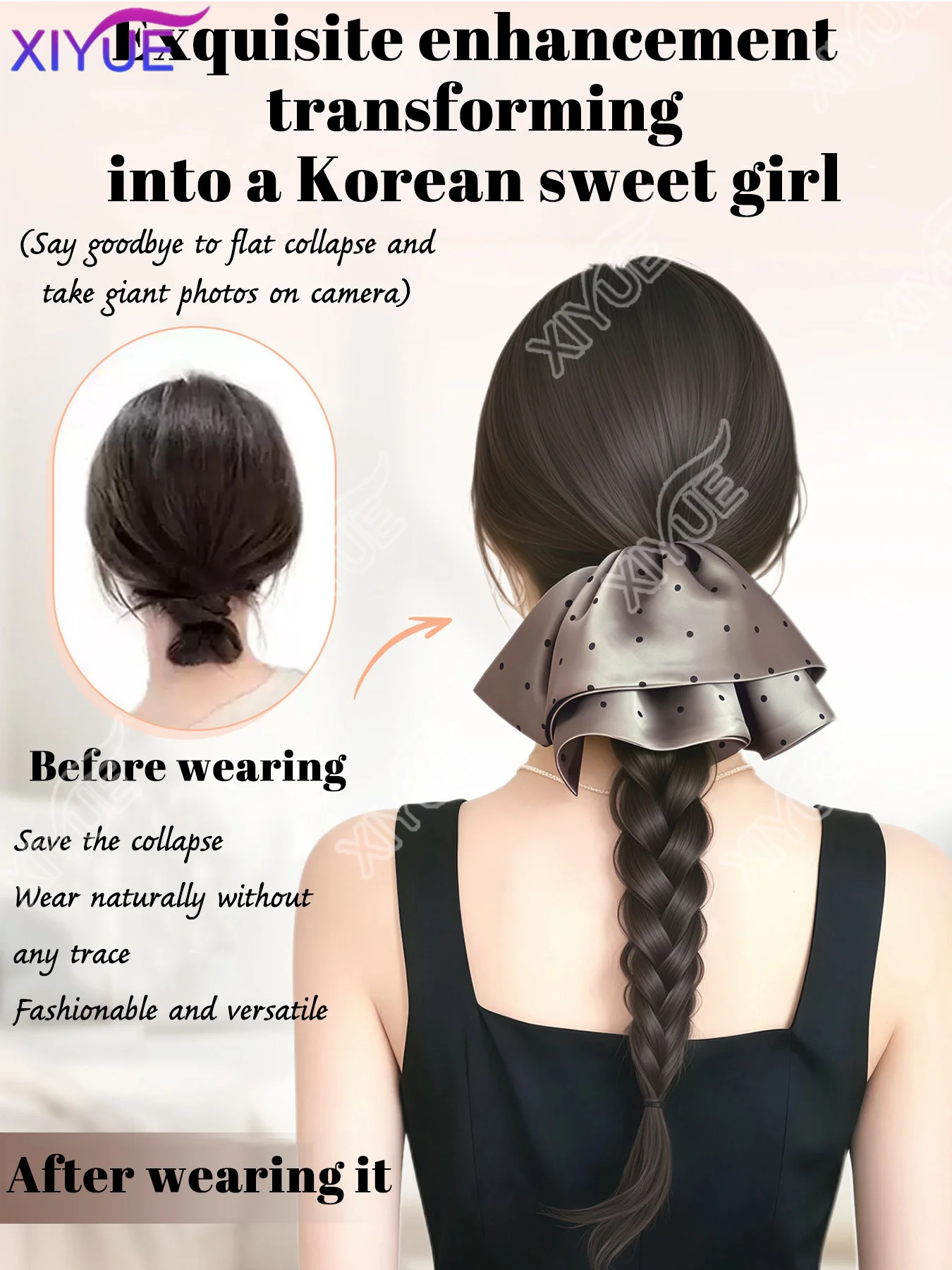 XIYUE Synthetic Claw Clip Ponytail Wig With Grab Clip Sweet Temperament Polka Dot Ponytail Hairpiece For Daily Party Use XIYUE