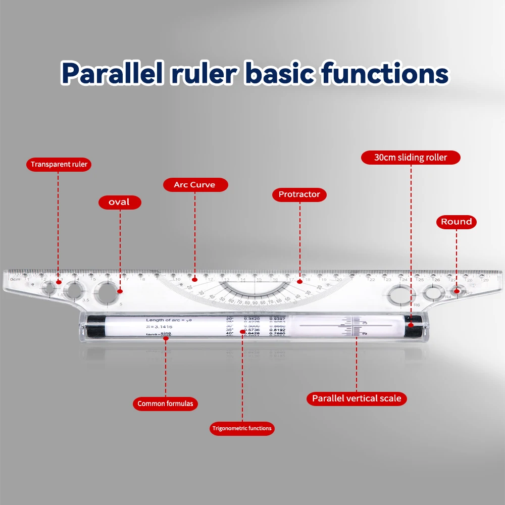 Regla de rodillo paralelo transparente de 30cm, herramienta de dibujo multifunción, balanza de línea angular, regla rodante de medición arquitectónica