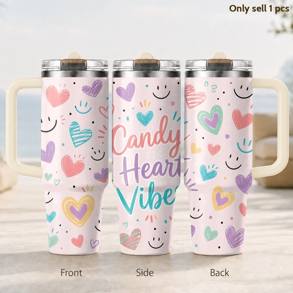 Doodle Cute Smile & Heart Prints Vacuum Flasks 40oz Thermal Tumbler Handle Stainless Steel Insulated Water Portable Mug Cup