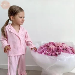 Boy Girl Linen Cotton Pajamas Clothes Set Shirt+Pant 2PCS Spring Autumn Toddler Child Solid color Homesuit Baby Clothes 2-12Y