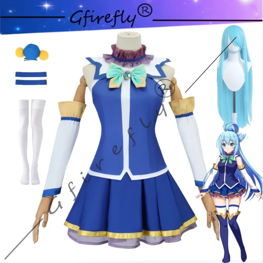 

KonoSuba Gods Blessing on This Wonderful World! Aqua Cosplay Costume Blue Dress Accessory Wig Set Halloween Performance Costume