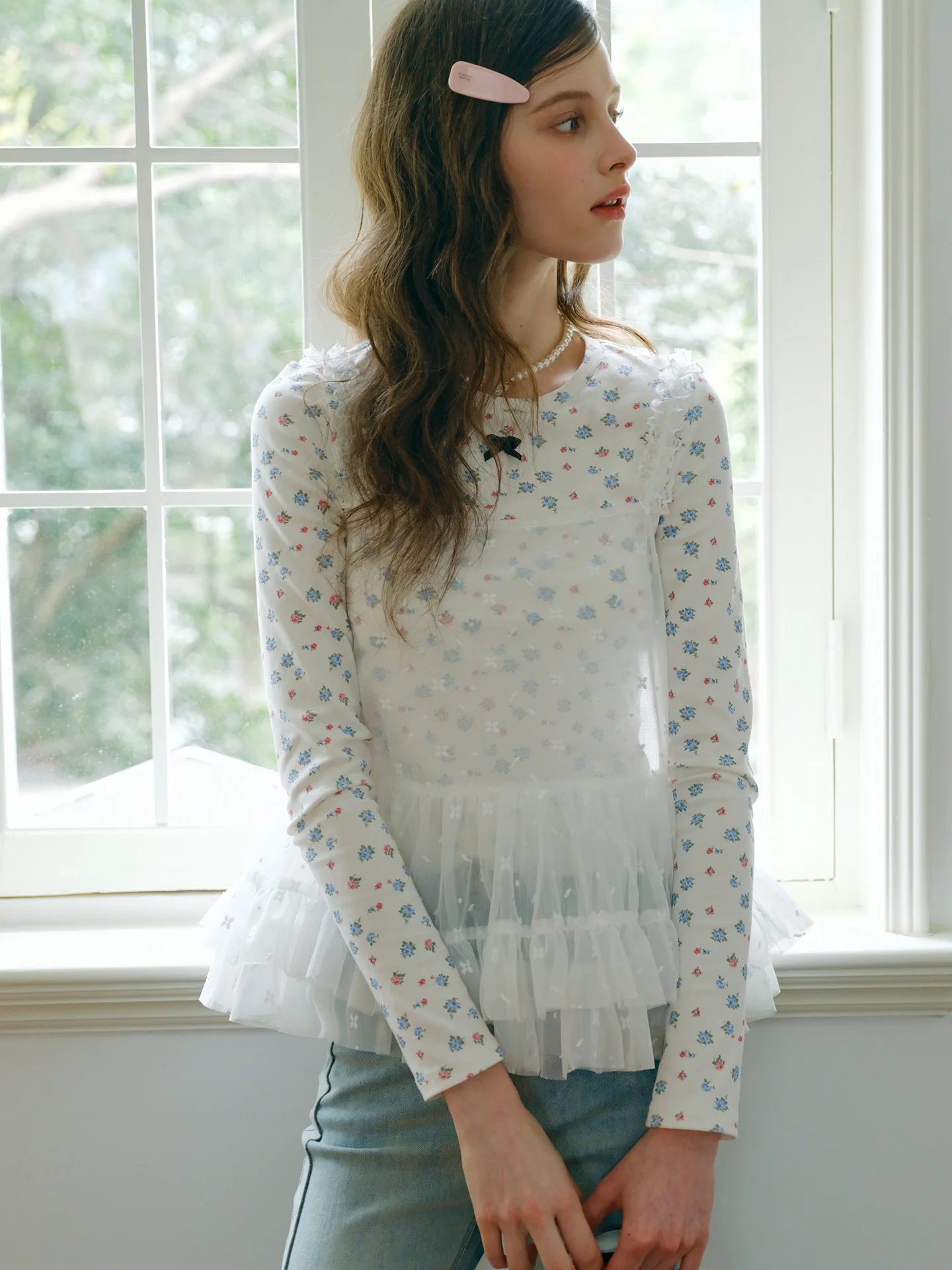 Spring 2026 Floral Long Sleeve T-Shirt Lace Trim Mesh Overlay Top Women's Base Layer Shirt Stack Wear Commute Style Cotton Blend