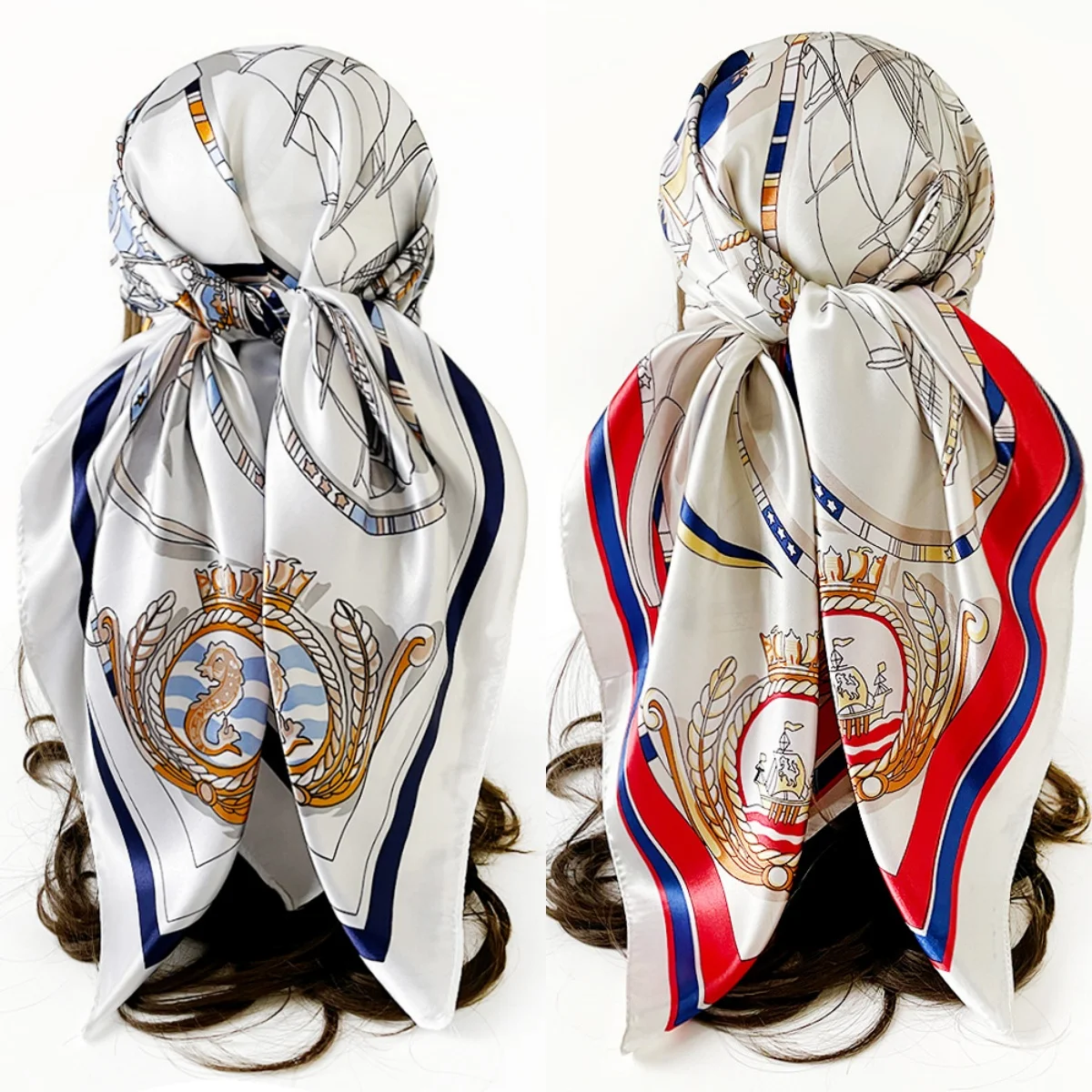 

90*90cm Classic Sailboat Square Scarf WomenShawl Neckerchief Female Print Headband Head Wraps Foulard Hijab Hair Bands