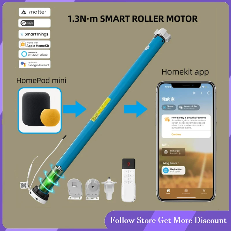 Tuya Matter Over Thread Battery Smart Roller Shade Blinds Motor for 37 38mm Tube Homekit Alexa Google Home Smartthings App