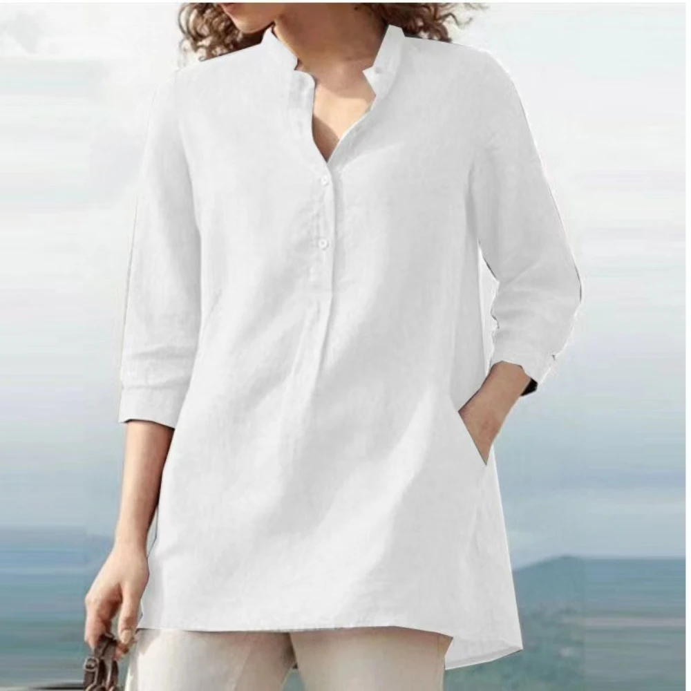 New Solid Color Seven-Part Sleeve Standing Collar Cotton Women's Casual Pullover Shirt Sehe Fashion