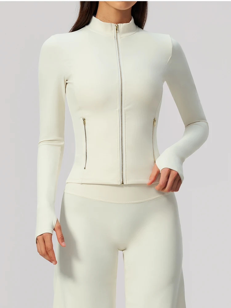 VITALINOVO Damen-Sportjacken mit goldenem Reißverschluss, leicht, mit Daumenlöchern, schmale Passform, für Workout, Laufen, mit Reißverschluss – Detail 4