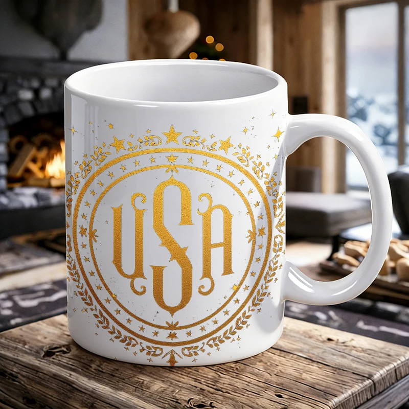Independence Day Mug Coffee Cup Ceramic Cup Elegant Gold USA Monogram Wall Art