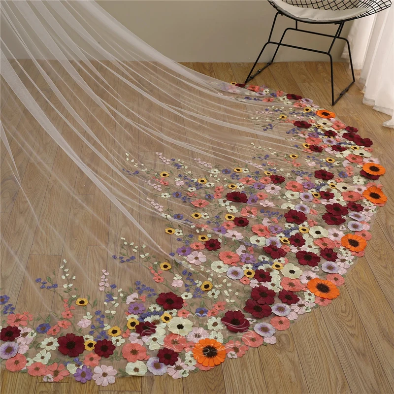 Luxury Floral Bridal Wedding Veils With Comb Accessories For Brides Uniques 3D Flowers Embroidered Cathedral Long Colorful Leaf